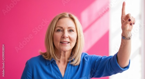 Middle-aged woman pointing upward, smiling, against a pink backdrop