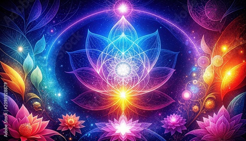 Lotus flowers blooming in cosmic realm forming sacred geometry shapes representing harmony meditation and spiritual growth.