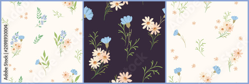 Seamless floral pattern, delicate ditsy print of hand drawn wildflowers in a set. Cute botanical design of small flowers, tiny leaves, simple gentle bouquets in pastel colors. Vector illustration.
