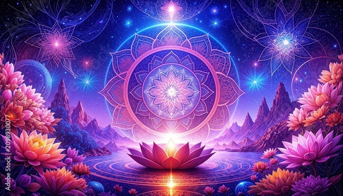 Cosmic landscape featuring glowing lotus flowers concentric mandala patterns evoking spiritual meditation universal harmony.