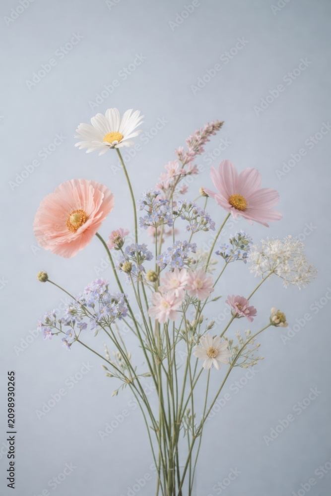 Obraz premium Delicate pastel wildflower bouquet with pink and white blooms on soft gray background