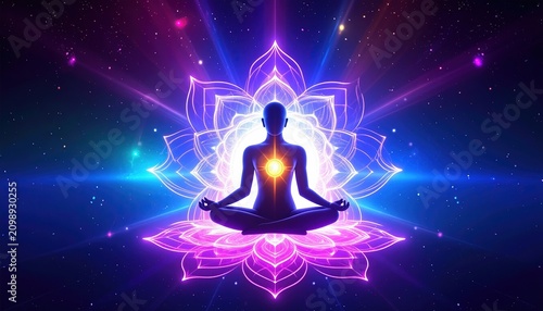 Person meditating in lotus position with glowing heart chakra floating above symbolic lotus flower against a cosmic universe.