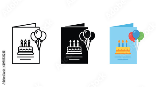 Set of birthday greeting card icons with cake and balloons in outline solid and flat style Vector