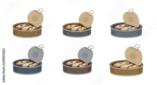 Set of Six Opened Cans with Cooked Food, Realistic Pixel Art Illustration