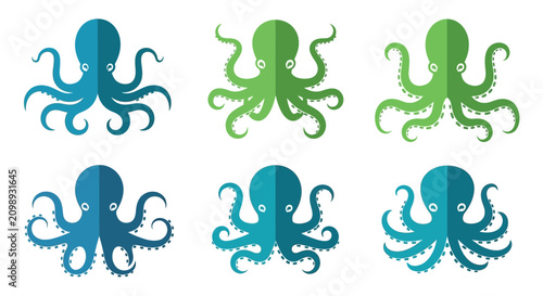 Set of Six Stylized Octopus Icons in Blue and Green Tones