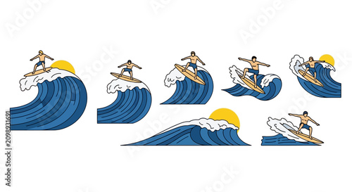 Quadro su tela Set of Surfers Riding Big Ocean Waves Illustration