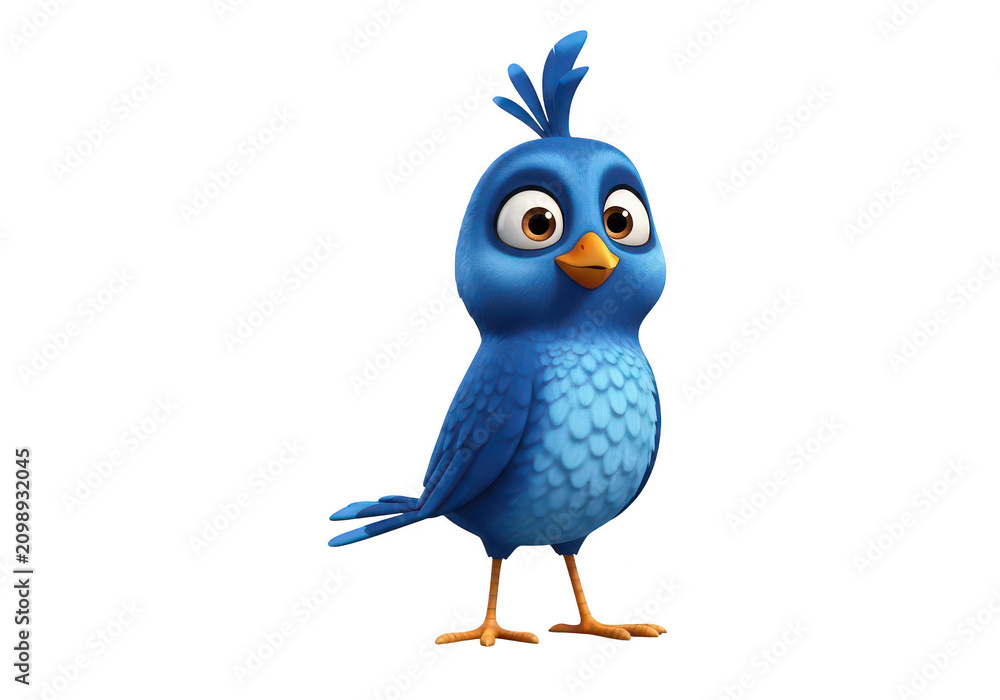 Fototapeta premium Cute little blue bird cartoon character standing and looking with big happy eyes