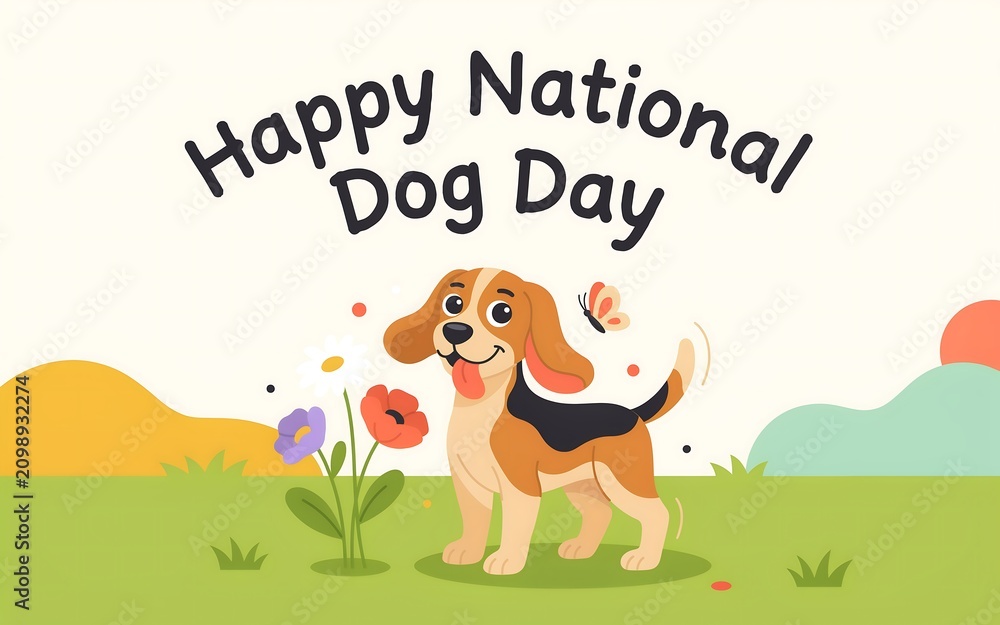 Fototapeta premium Happy National Dog Day greeting card design with cute beagle puppy in garden landscape and colorful floral decoration