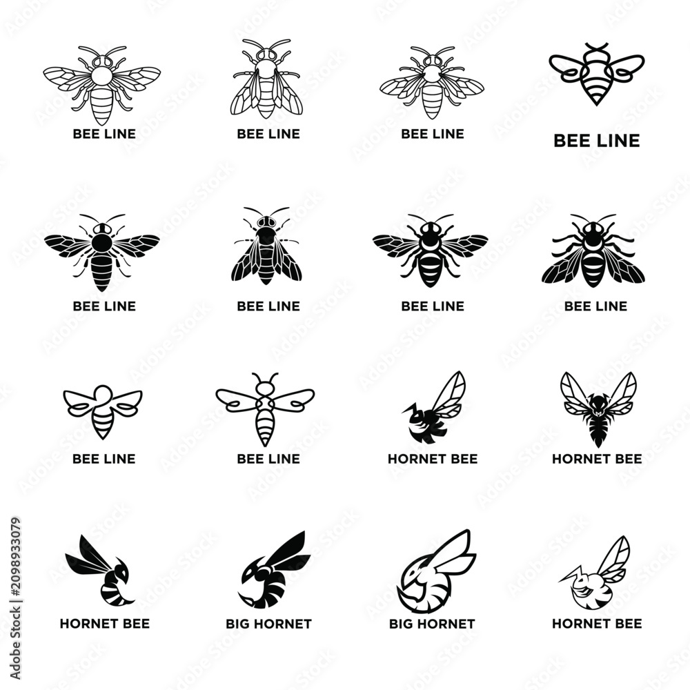 Fototapeta premium Bee and Hornet Line Art and Silhouette Icons Set - Vector Logo Collection