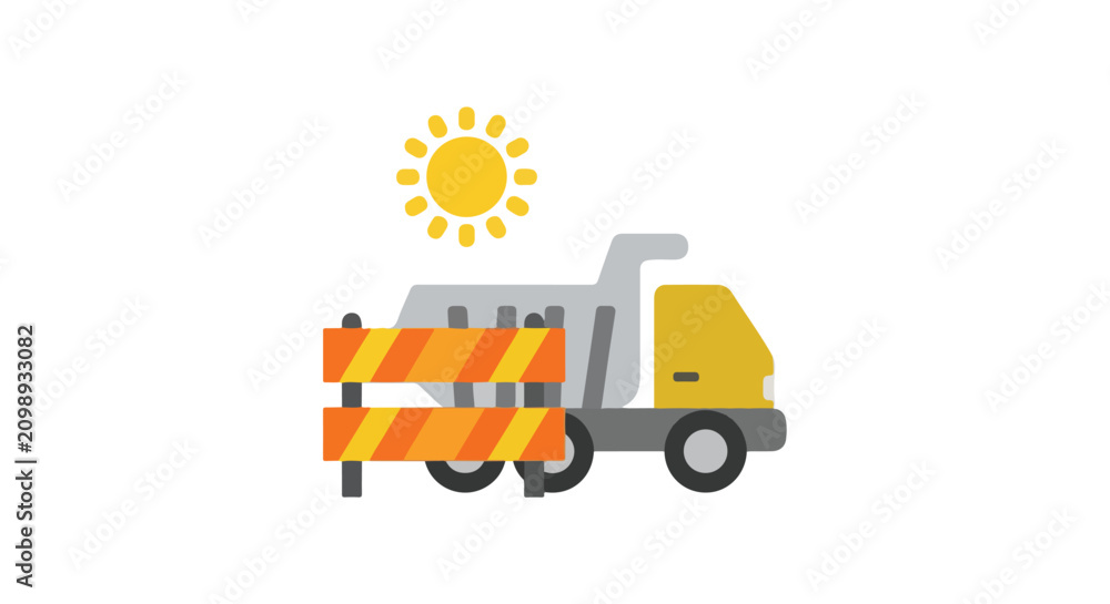 Naklejka premium An illustration of a yellow construction truck parked behind a striped safety barricade under a bright shining sun on a white background.