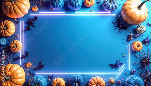 Halloween pumpkins and spooky decorations arranged around glow frame creating festive autumn border.