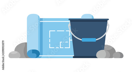 Foto A flat vector illustration featuring a blueprint roll and a dark blue bucket surrounded by several grey stones on a white background