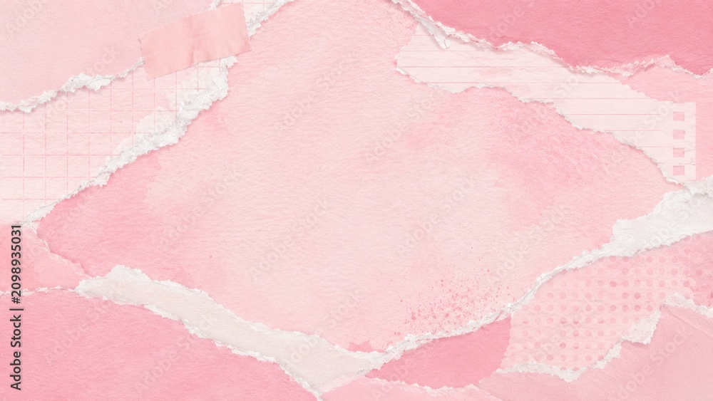 Fototapeta premium Delicate Pink Torn Paper Collage Background With Soft Watercolor Texture Design