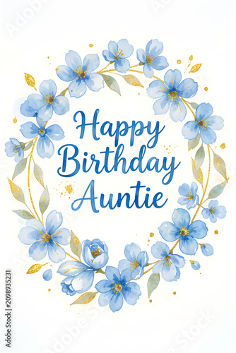 Happy Birthday Auntie – Blue Floral Gold Watercolor Wreath