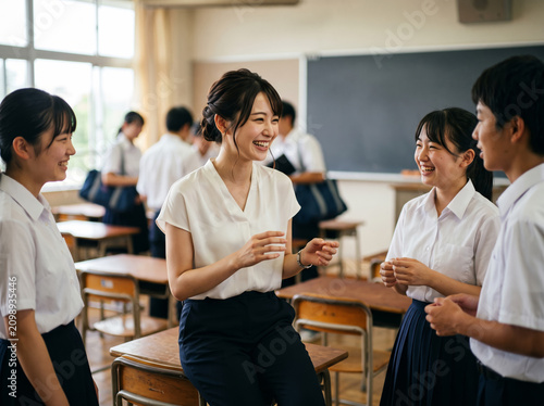 放課後に生徒たちと身振り手振りを交えて和やかに談笑する女性