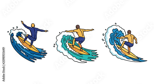 Photography Set of Surfers Riding Ocean Waves Vector Illustration