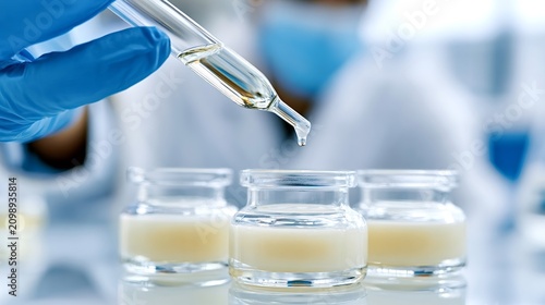 Scientist wearing blue lab gloves dropping a clear liquid from a glass dropper into small jars of cosmetic cream or lotion during research and development in a modern laboratory