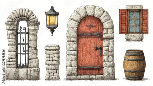 Medieval Stone Door Window Lantern Barrel Architectural Clipart Collection Illustration
