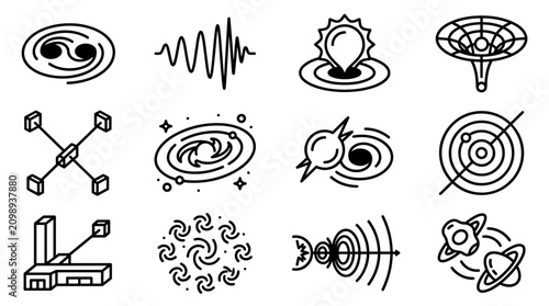 Cosmic Phenomena Icons: Black Holes, Galaxies, Waves, and Celestial Bodies