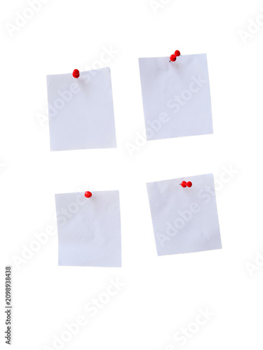 Minimal white paper notes with red pushpins, blank message cards, office reminder board concept for planning and to-do lists isolated PNG with Transparent Background
