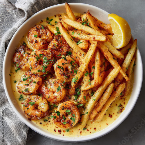 Shrimp scampi with golden french fries served in creamy garlic butter sauce garnished with fresh herbs and lemon wedge for zest