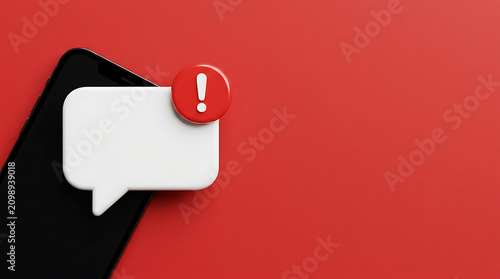 3D smartphone mockup with speech bubble icon and red exclamation warning