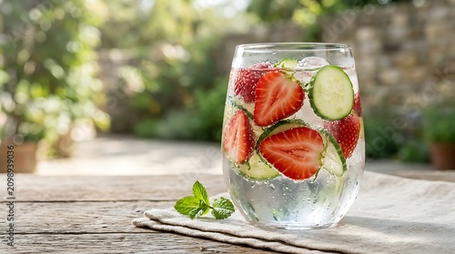 Refreshing fruit infused water in glass jar.