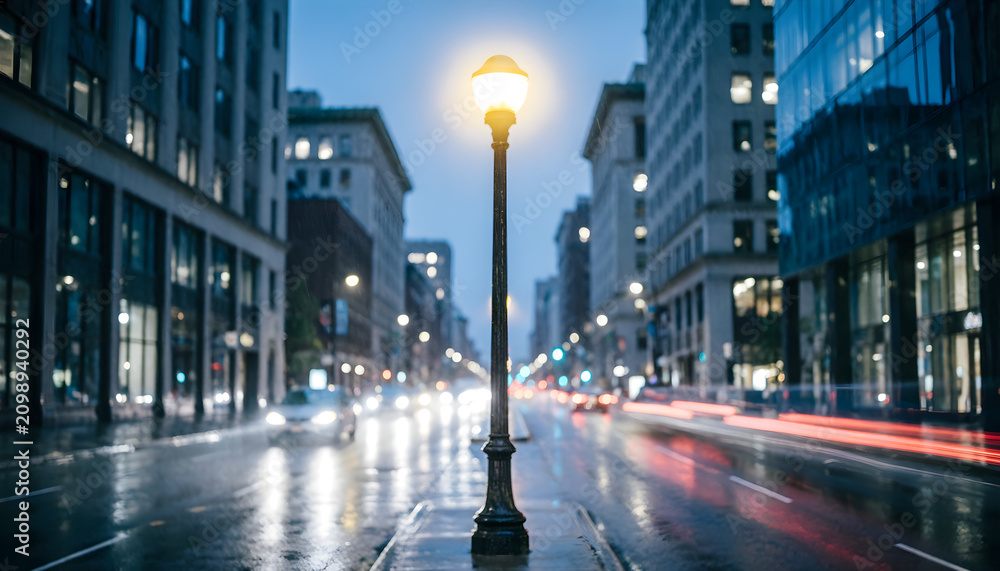 Fototapeta premium Lampu Jalan Menyala di Tengah Kota Modern Saat Senja Hujan dengan Jejak Cahaya Kendaraan