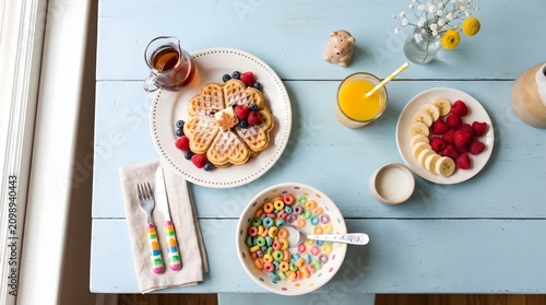 Flatlay Breakfast Feast: Heart Waffles, Cereal, and Fruit on Blue Wood Table