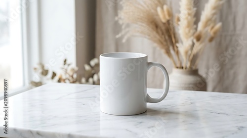 Minimalist white ceramic vase with dried wheat stalks on marble shelf.