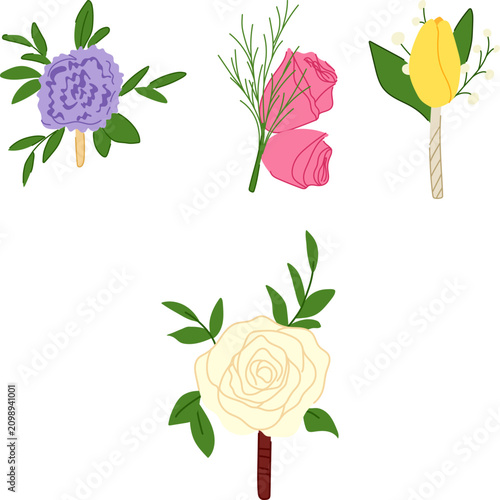 Fotografie Four unique blooming boutonnieres featuring various colorful flowers and greener