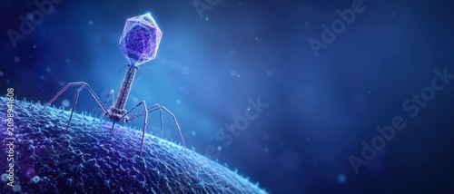 Bacteriophage attached to bacterial surface in blue light