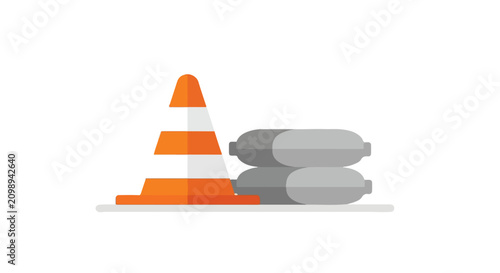 Quadro su tela A minimalist vector illustration showing an orange and white safety cone standing next to a stack of two grey industrial sandbags