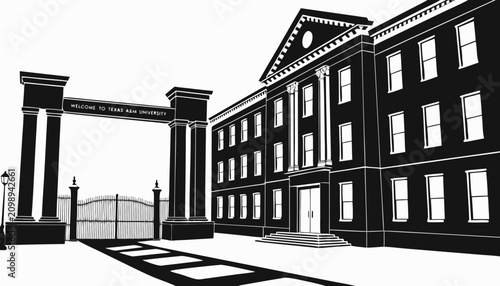 Very beautiful black and white realistic vector illustration of the Texas A&M University entrance featuring an engraved sign reading 