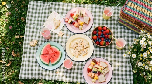 Summer Picnic Spread: Fresh Fruit, Sandwiches, and Watermelon on a Gingham Blanket