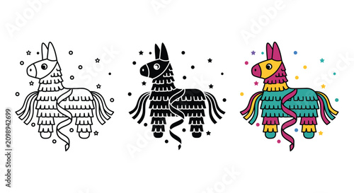 Set of cute donkey pinata icons in outline silhouette and colorful cartoon style Vector