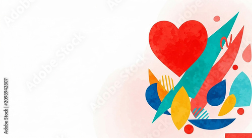Colorful Geometric Collage with Watercolor Heart: Abstract Greeting Card and Party Layout Illustration