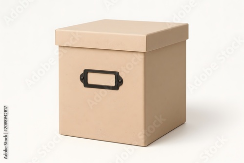 Beige cardboard storage box with lid and metal label holder isolated on white background.