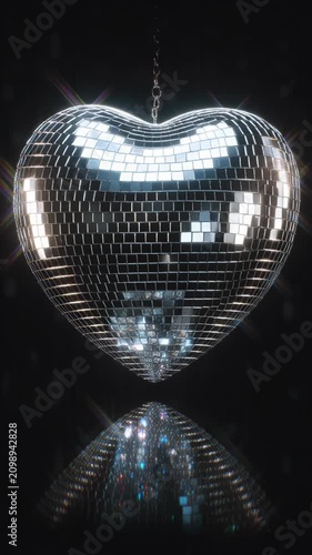 Shiny heart-shaped disco ball reflecting light in dark environment.