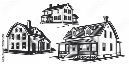 Tableau sur toile Black and white line of a set of three farmhouses with gabled roofs gable roof l