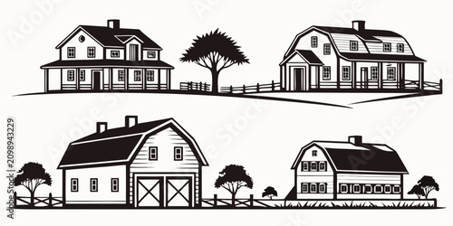 Canvastavla Black and white line of four different farmhouse silhouettes line rural countrys