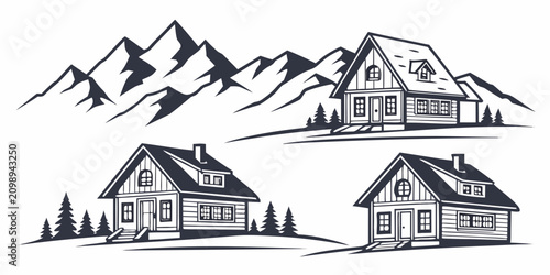 Принти на полотні Set of 15 minimalist mountain houses with snow caps and white background, chalet