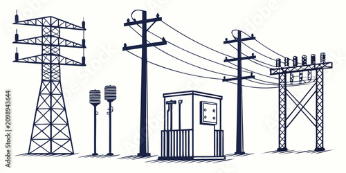 Black and white line of city electrical infrastructure, power lines, transformers, and utility poles