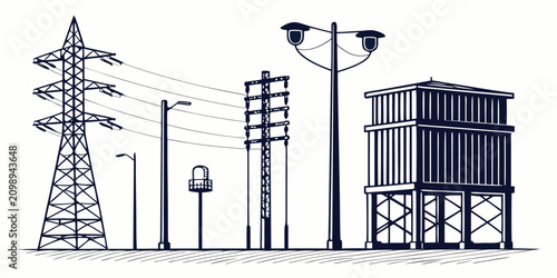 Photos Utility infrastructure set: power transmission towers, substation, and latticed