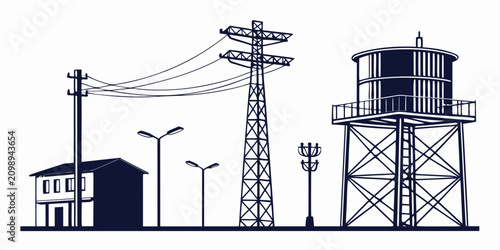 Set of utility infrastructure power lines, substation, tower, and windmill on white background, utility poles