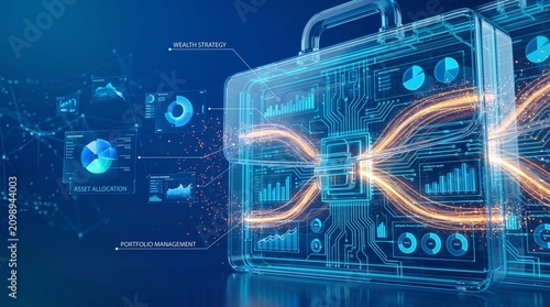 Briefcase design shown as a transparent digital hologram features integrated circuit lines and financial data charts to illustrate sophisticated investment strategy and portfolio management.