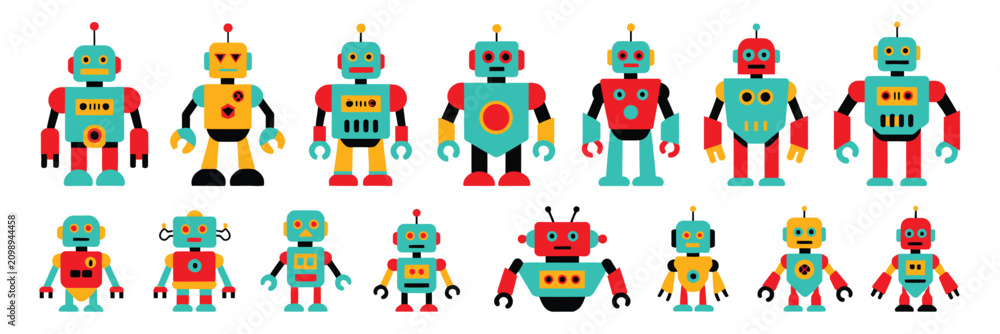 Fototapeta premium Retro Vintage Robot Icon Set Featuring Funny Flat Chatbot Characters with Cute Expressions Isolated on Gray Background
