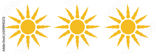 Bild auf Leinwand Three identical yellow sun icons with wavy rays displayed horizontally against a