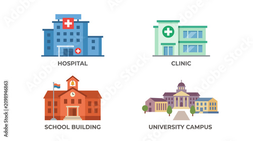 Healthcare and Educational Institution Buildings Flat Vector Icon Set