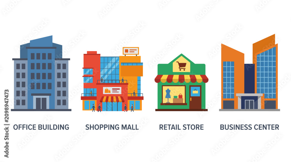 Obraz premium Modern Commercial Building and Retail Store Flat Vector Illustration Set